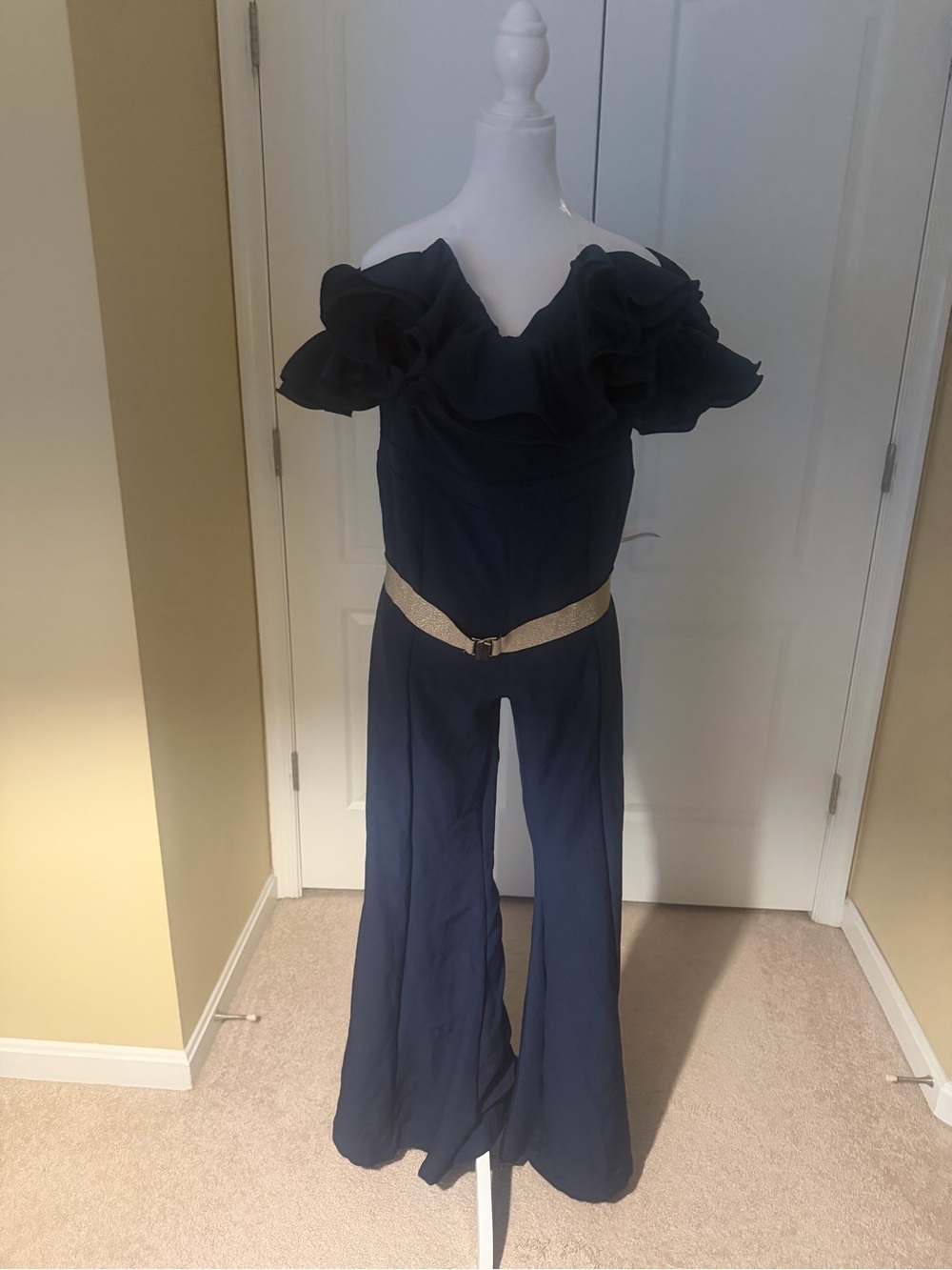 Loragal off-Shoulder Navy Ruffle Wide-Leg Jumpsuit with gold Belt side zip NWT